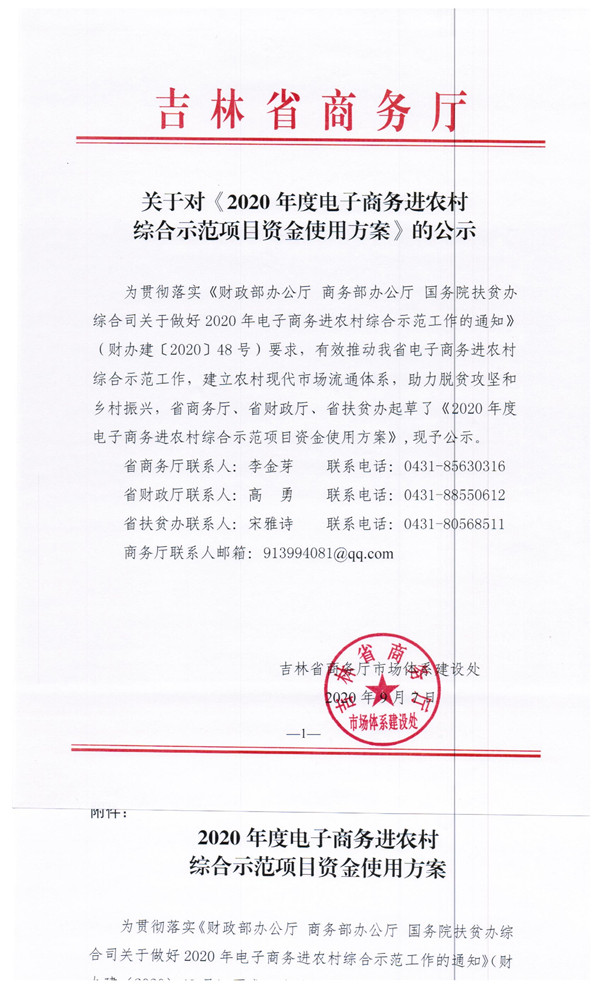 关于对《2020年度电子商务进农村综合示范项目资金使用方案》的公示